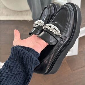 Stuart Weitzman Black Loafers with Pearl Detailing